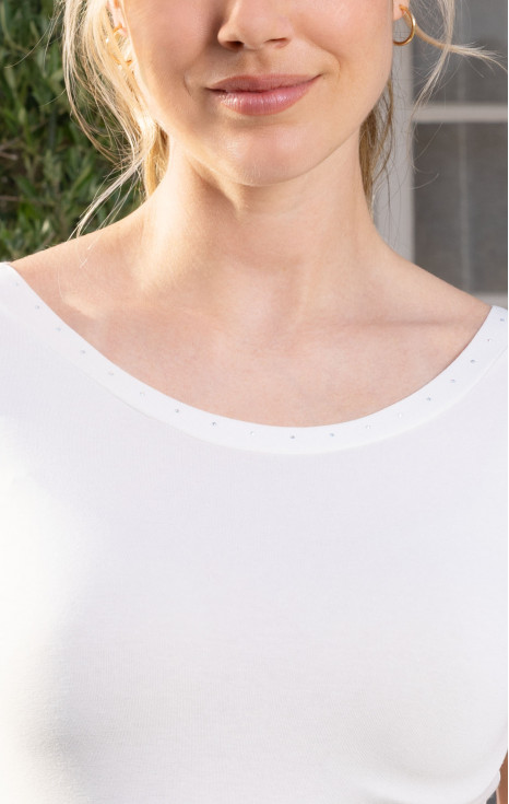 Блуза с къс ръкав в екрю с кристали Swarovski