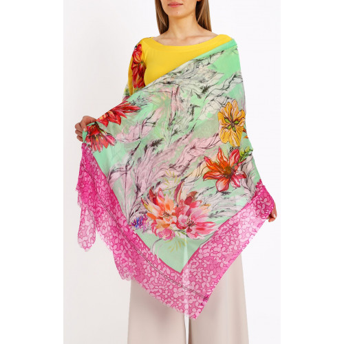 Летен шал от коприна и модал Green&Fuchsia Flowers