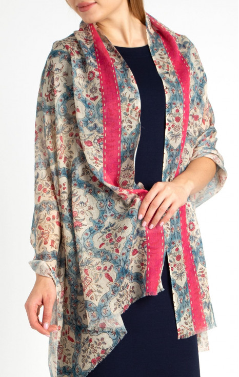 Летен шал от памук, модал и лен с флорални мотиви цвят Fuchsia и Milky Blue