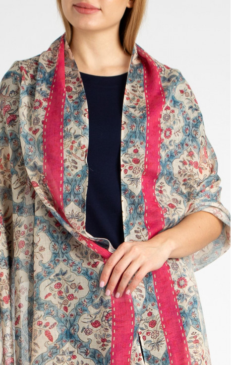 Летен шал от памук, модал и лен с флорални мотиви цвят Fuchsia и Milky Blue [1]
