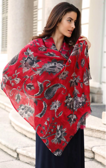 Топъл шал с флорален принт от фина вълна Retro Red Floral Fantasy
