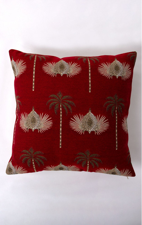Декоративна калъфка за възглавница в червен цвят с ориенталски мотив и палми