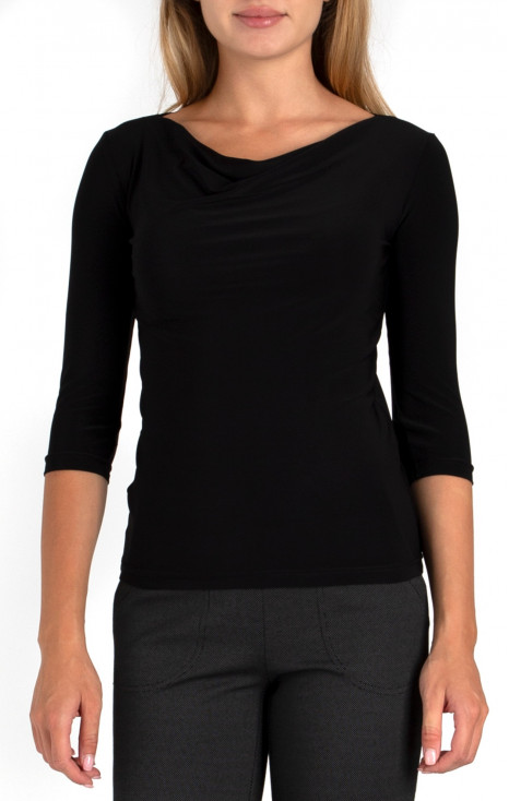 Блуза с драпирано деколте в черен цвят