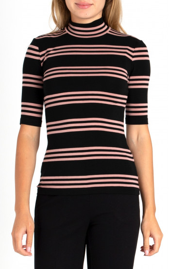 Стилна блуза с поло яка и къс ръкав в черен цвят и розови раета