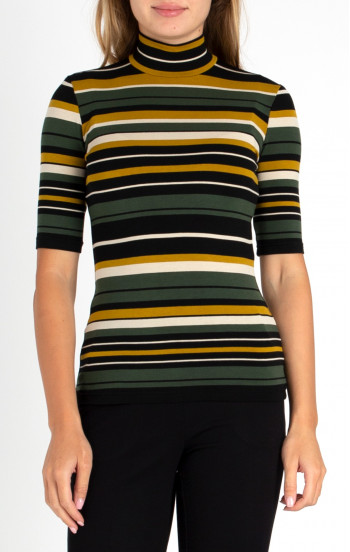 Класическа блуза с поло яка и къс ръкав на цветни раета в горчица и зелено