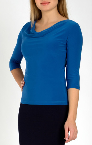 Стилна блуза с драпирано деколте в син цвят