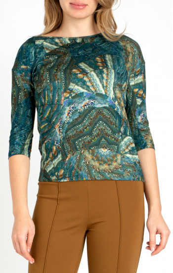 Блуза с 3/4 ръкав с абстрактен принт в синьо-зелен цвят
