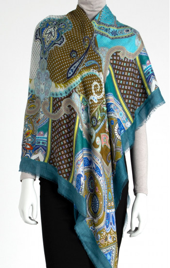 Великолепен мек шал от кашмир и модал с кашмирени мотиви в синьо-зелена гама
