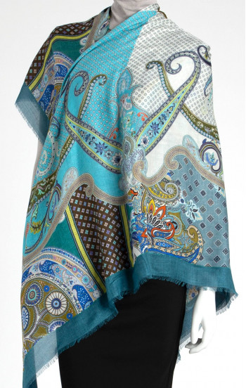 Великолепен мек шал от кашмир и модал с кашмирени мотиви в синьо-зелена гама [1]