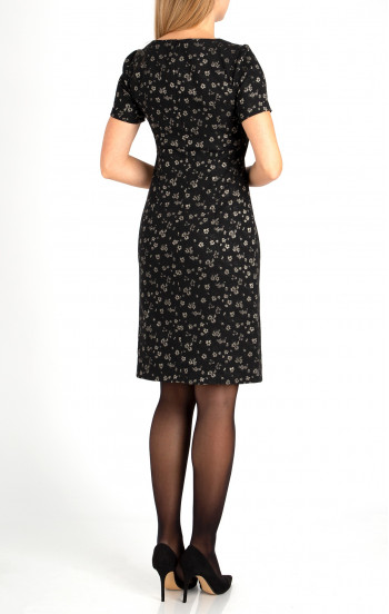 Черна еластична рокля с блестящ флорален десен [1]
