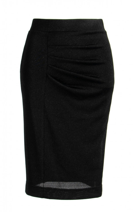 Официална пола с асиметрична драперия в черно с отблясъци
