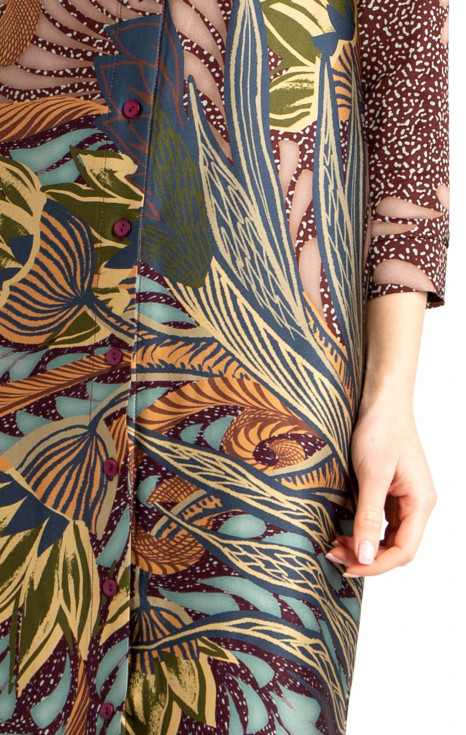 Рокля тип риза от сатенирана вискоза с флорални мотиви