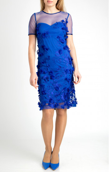 Луксозна права рокля с 3D цветя в синьо