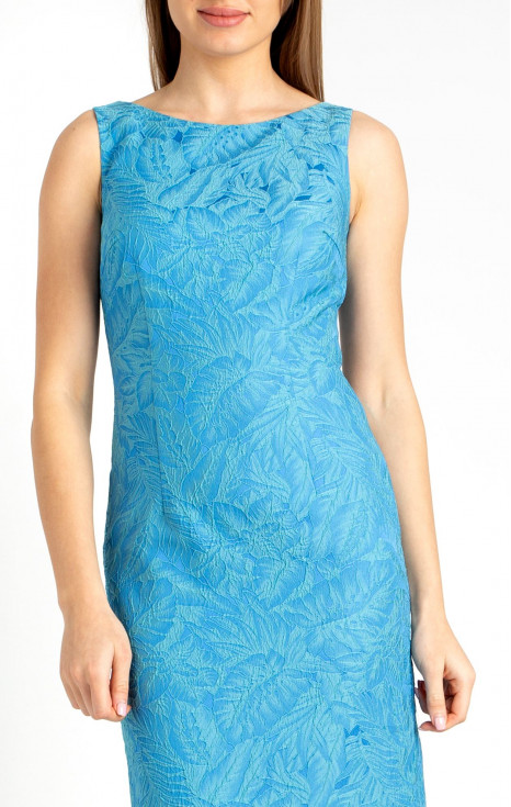 Права рокля от сатениран жакард в цвят French Blue с флорални мотиви в цвят Pastel Turquoise