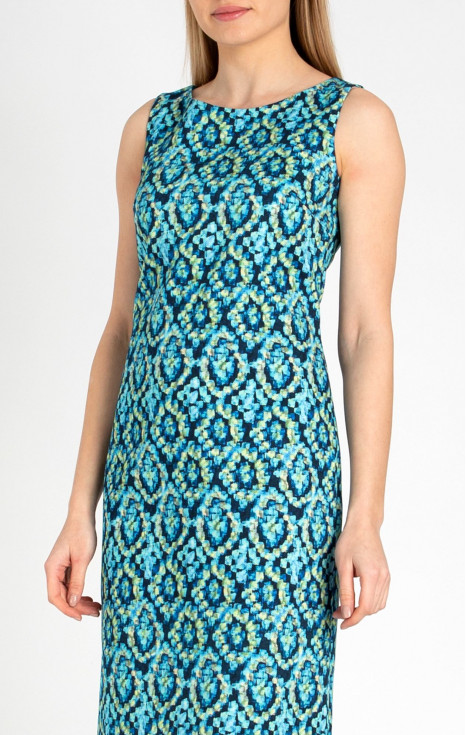 Права рокля от висококачествен памук с графичен десен в пъстри сини нюанси
