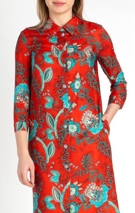 Рокля тип риза от вискоза с флорални мотиви в цвят Aurora Red