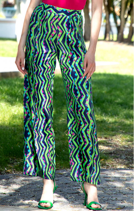 Панталон от лека вискоза с графичен принт в цвят Lime Green и Twlight Blue