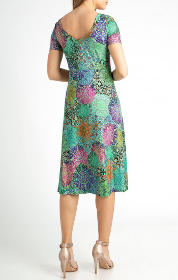 Елегантна рокля от трико в цвят Turquoise с многоцветен графичен принт [1]