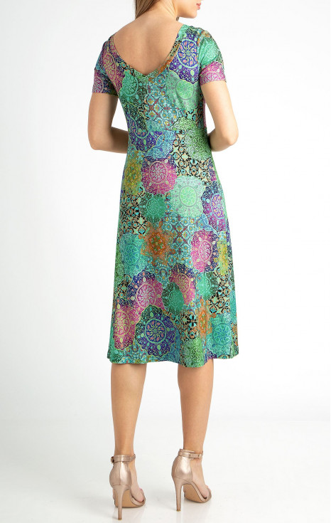 Елегантна рокля от трико в цвят Turquoise с многоцветен графичен принт [1]