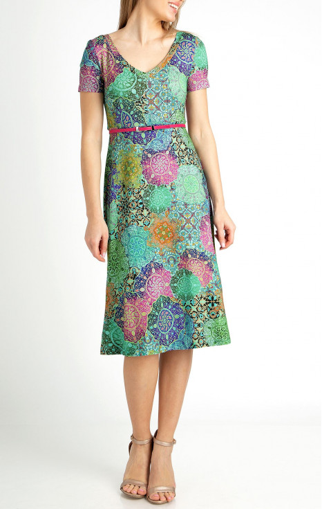 Елегантна рокля от трико в цвят Turquoise с многоцветен графичен принт