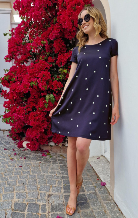 Къса рокля от луксозна сатенирана вискоза в А силует в цвят Blueberry стил Polka dots