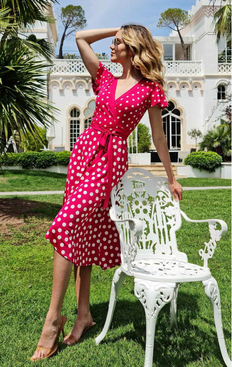 Елегантна рокля тип прегърни ме в цвят Bright Rose от луксозно жарсе в стил Polka Dots [1]