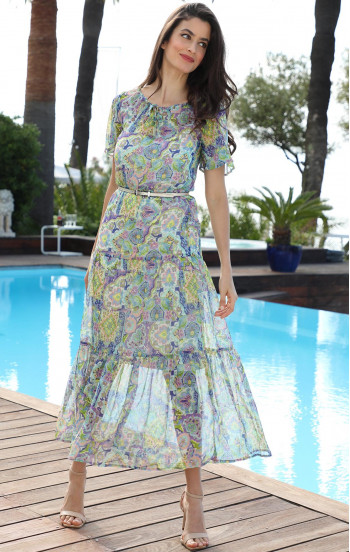 Ефирна дълга рокля с волани с цвeтен флорален принт