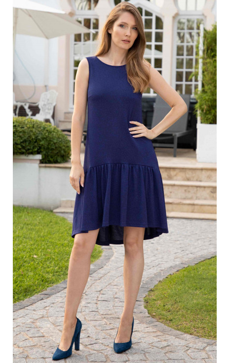 Елегантна рокля с асиметричен волан от трико в цвят Blueberry с блясък