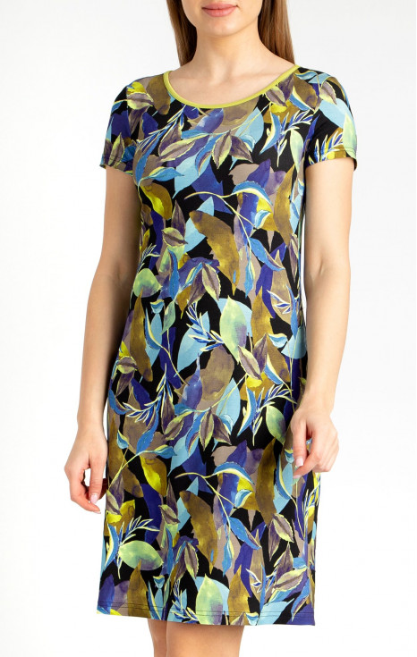 Комфортна рокля от трико с абстрактни флорални мотиви в сини контрастни тонове