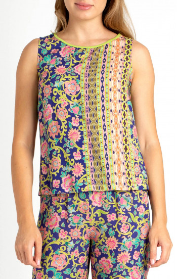Елегантна блуза от вискоза с флорални мотиви и многоцветен бордюр