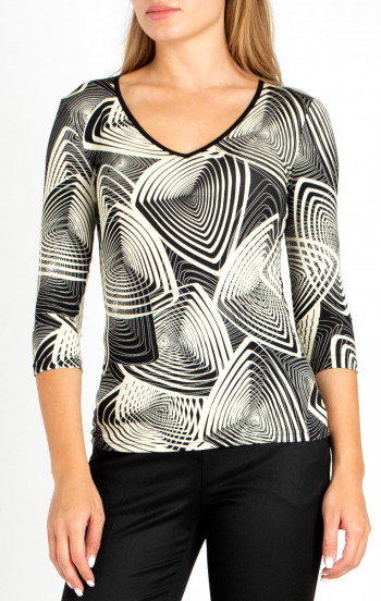 Стилна блуза с 3/4 ръкав с графичен принт в черно и екрю