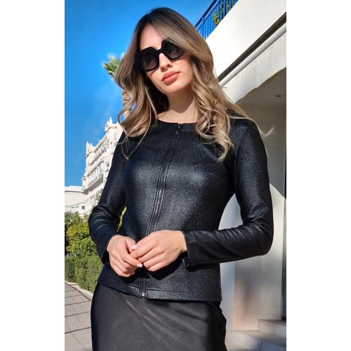 Вталено сако с цип от еластична материя с ефект кожа
