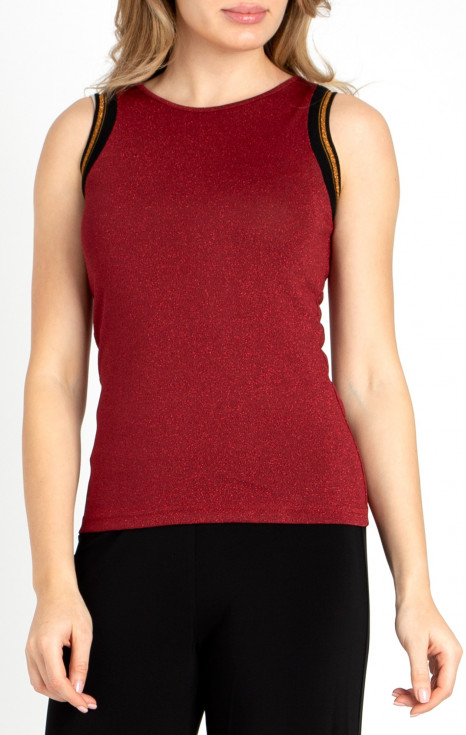 Вталена блуза без ръкав в цвят Brick Red с блестящи нишки