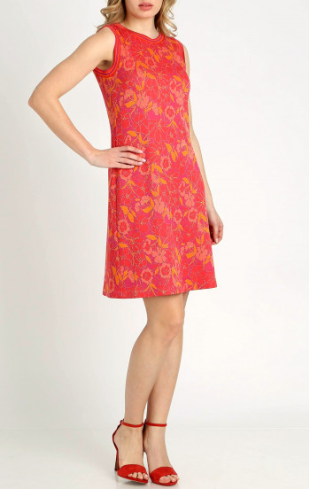 Удобна рокля в цвят Fuchsia Rose с флорални мотиви подчертани със златиста нишка