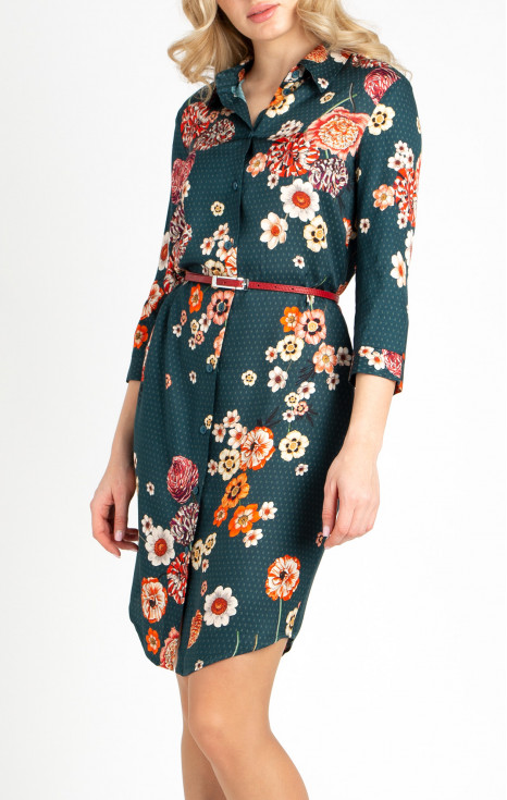 Стилна рокля от луксозна сатенирана вискоза в цвят Atlantic Dееp с флорален принт