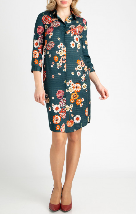 Стилна рокля от луксозна сатенирана вискоза в цвят Atlantic Dееp с флорален принт
