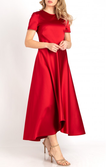 Елегантна дълга рокля от сатен в цвят Tango Red