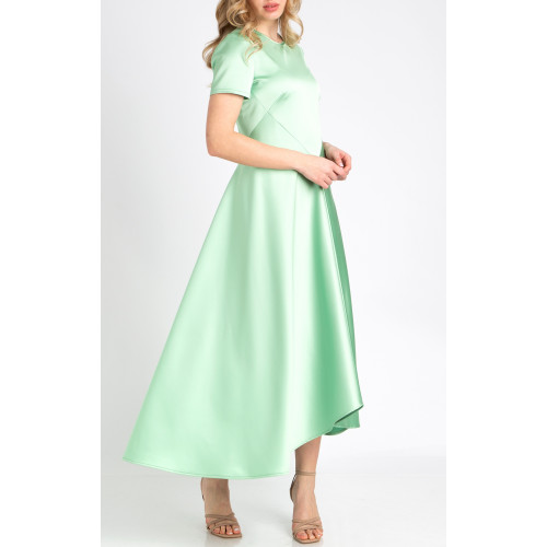 Елегантна дълга рокля с асиметричен подгъв в цвят Pastel Green със сатенен блясък