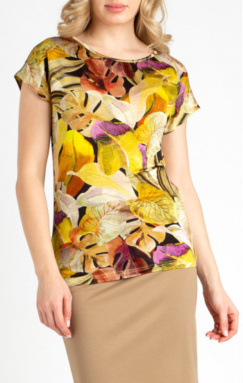 Блуза от лекo трико тип жарсе с флорални мотиви в цвят Ochre