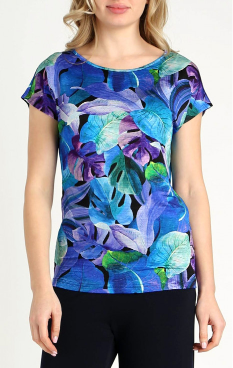 Блуза от лекo трико тип жарсе с флорални мотиви в цвят Blue Iris