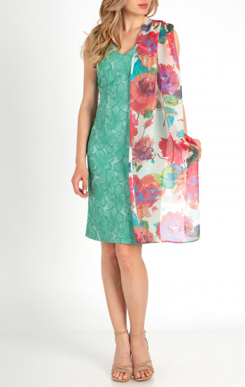 Права рокля от сатениран жакард в цвят Sea Green с флорални мотиви