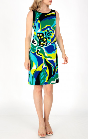 Комфортна лятна рокля с цветен графичен принт от леко трико тип жарсе