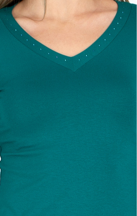 Елегантна блуза с камъни Swarovski по линията на деколтето в цвят Teal Green