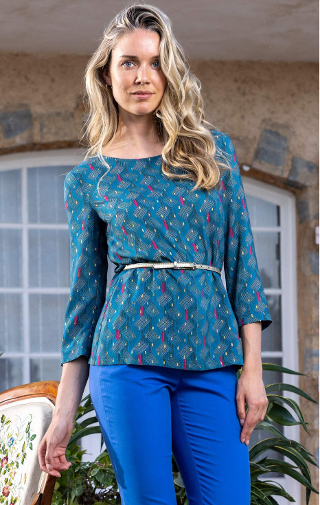 Елегантна блуза от вискоза в цвят Storm Blue и Fuchsia със златисти нишки