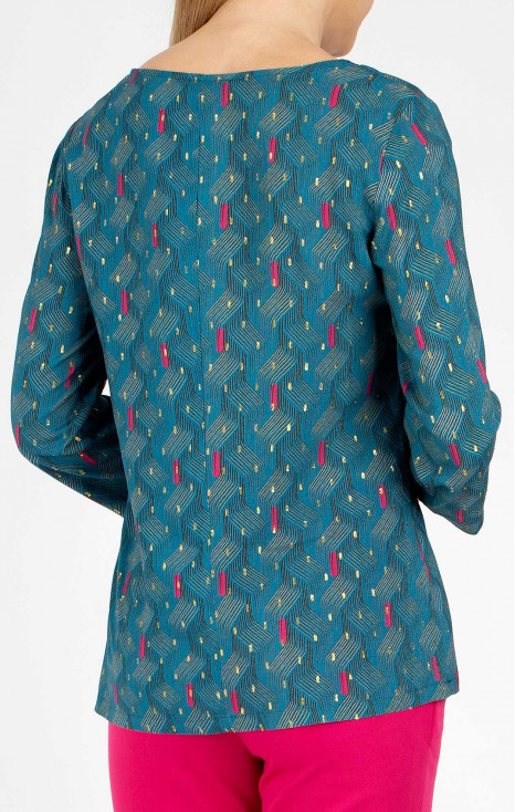 Елегантна блуза от вискоза в цвят Storm Blue и Fuchsia със златисти нишки [1]