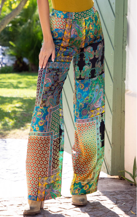 Панталон от от луксозна сатенирана вискоза с пачуърк принт Teal Paisley Mosaic