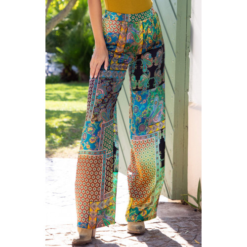 Панталон от от луксозна сатенирана вискоза с пачуърк принт Teal Paisley Mosaic