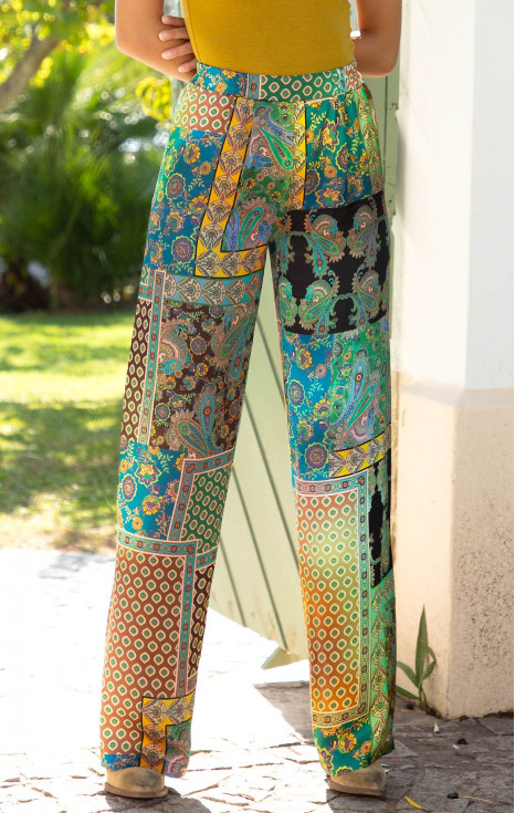 Панталон от от луксозна сатенирана вискоза с пачуърк принт Teal Paisley Mosaic