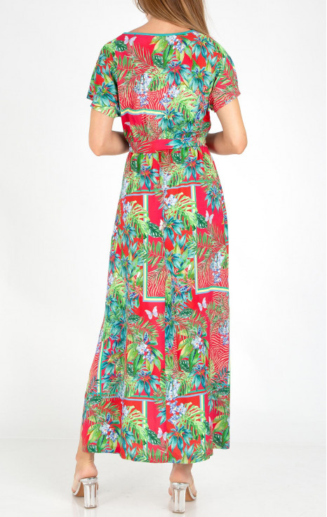 Лятна рокля с тропически десен в цвят Watermelon и Tropical Green [1]