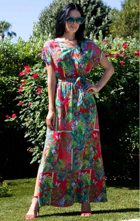 Лятна рокля с тропически десен в цвят Watermelon и Tropical Green